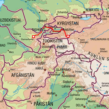 map route Uzbekistan and Kyrgyzstan