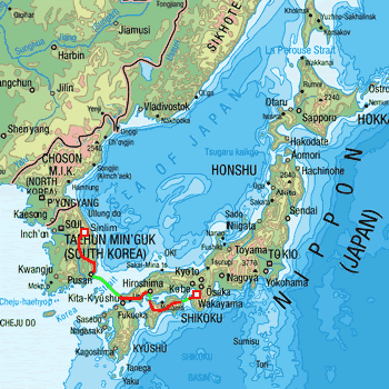 map route Japan and South Korea