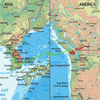 map route South Korea and Canada