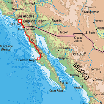 map route southern California USA and Baja Mexico