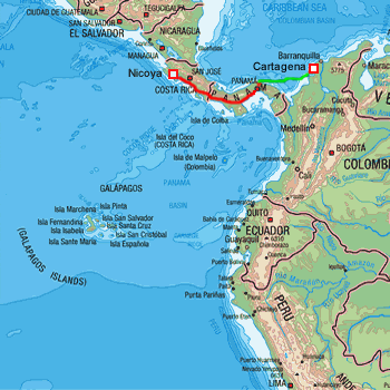 map route Costa Rica, Panama and Colombia