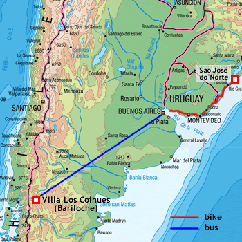 map route Argentina, Uruguay and Brazil
