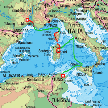 map route France, Corsica, Sardinia and Tunisia